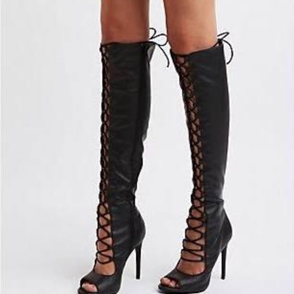 🚫SOLD🚫Black Peep Toe Lace-up Thigh High Boots