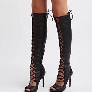 🚫SOLD🚫Black Peep Toe Lace-up Thigh High Boots