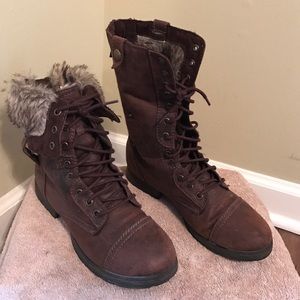 Faux fur lined brown combat boots