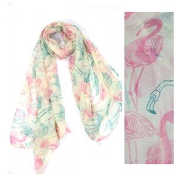 Accessories - B91 Ivory Green Pink Flamingo Scarf
