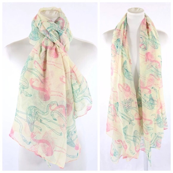B91 Ivory Green Pink Flamingo Scarf - Picture 2 of 4