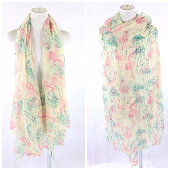 B91 Ivory Green Pink Flamingo Scarf - Picture 3 of 4
