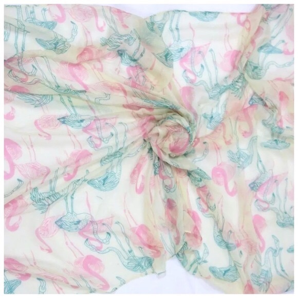 B91 Ivory Green Pink Flamingo Scarf - Picture 4 of 4