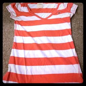 Hollister pink/white stripe vneck