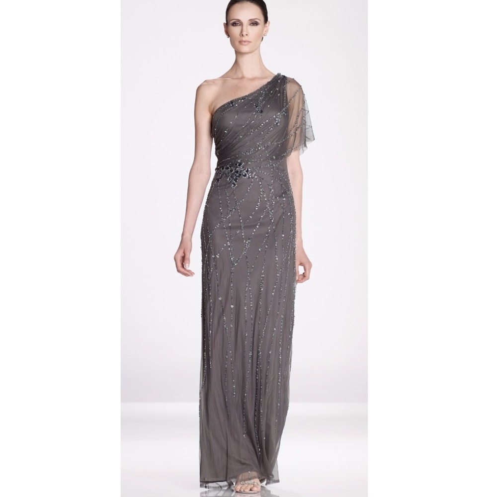 Finely beaded one-shoulder gown by Kathy Hilton