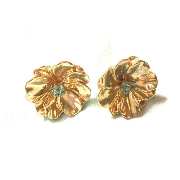 J Crew Gold and Turquoise Flower Earrings