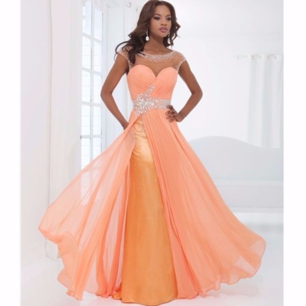 Goddess Gown wth Sheer Neckline Tony Bowls Evening