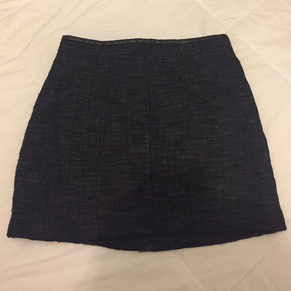 Blue and black tweed skirt with leather waist trim