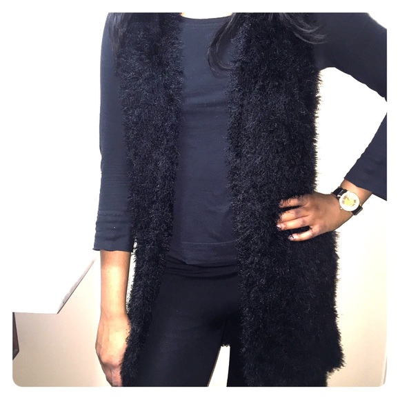 Long black fluffy cardigan vest