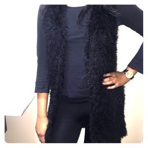 Long black fluffy cardigan vest