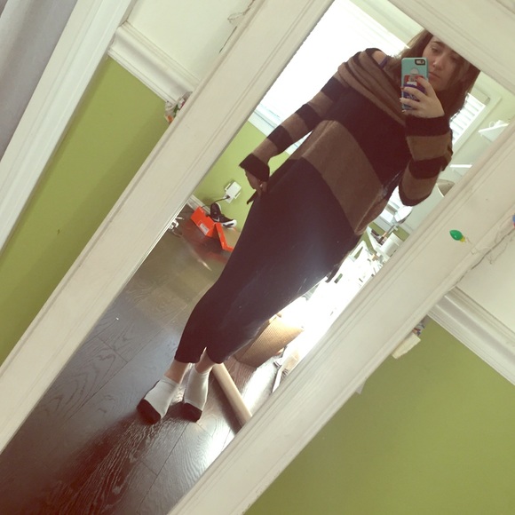 Free People Brown+Black Striped Cowlneck Sweater