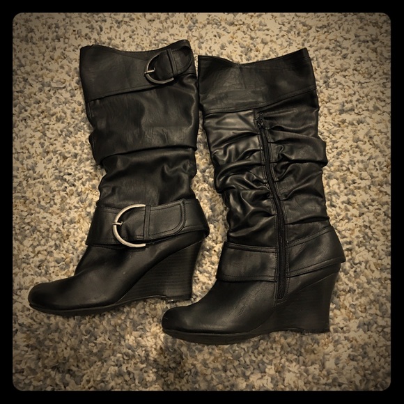 VERY CUTE BARELY USED BLACK LEATHER WEDGE BOOTS