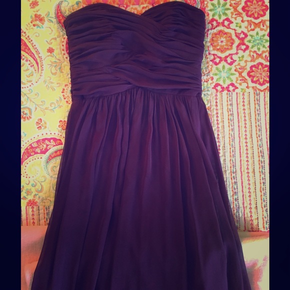 Purple strapless dress with ruching