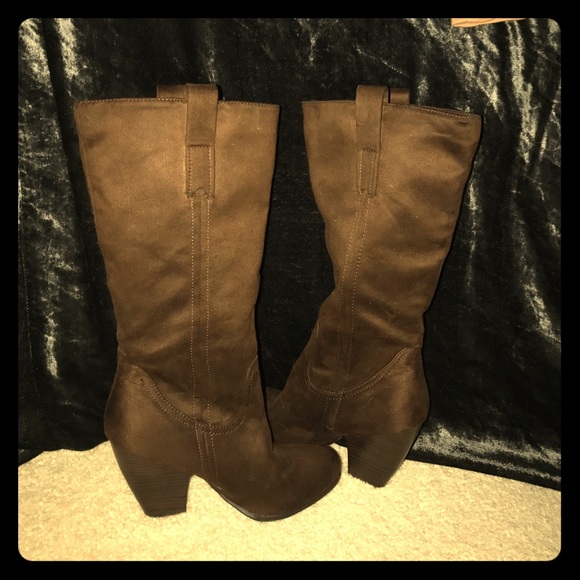 Brown Faux Suede Heeled Boots