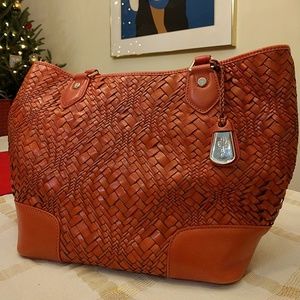 Unique genuine weaved leather tote burned orange