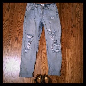 Distressed High- Waisted Boyfriend Cut Jeans