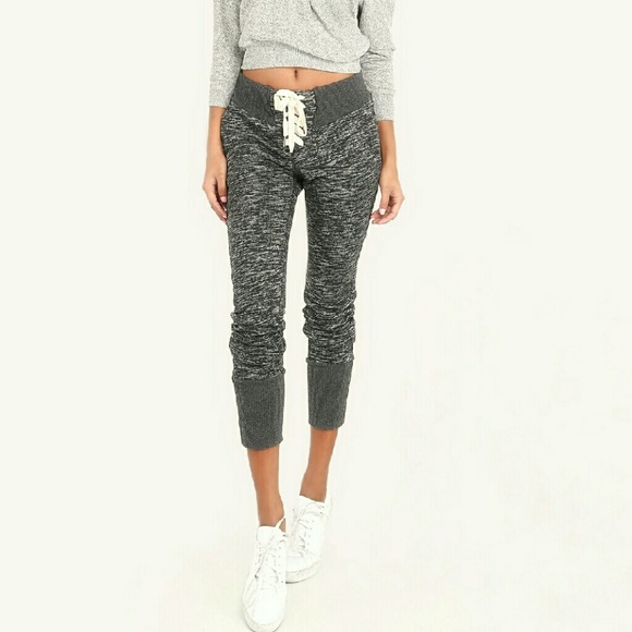 Charcoal Gray Terry Lace Up Front Jogger Pants