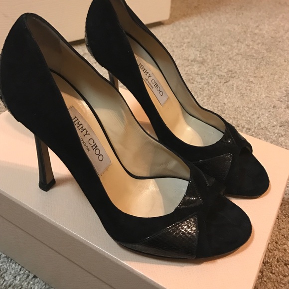 Jimmy Choo black suede peep toe pumps