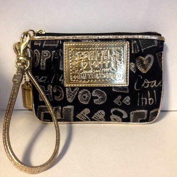 Coach Handbags - Coach Poppy Story Patch Black & Gold Wristlet
