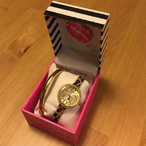 Betsey Johnson Leopard Strap Watch/Bracelet Set
