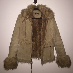 Suede Leather Hooded Coat with Fur Trim