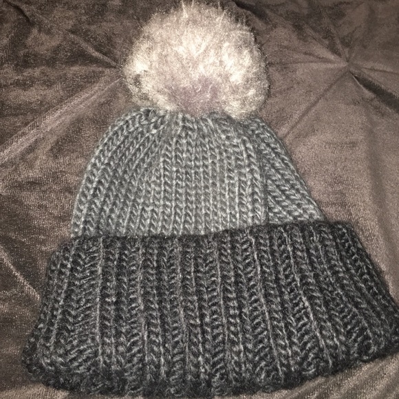 Black and Gray Puff Ball Hat