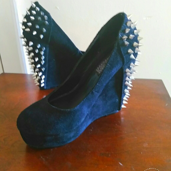 Deena and Ozzy black suede spikes wedge