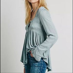 Blue Free People Smocked Long Button Down Top