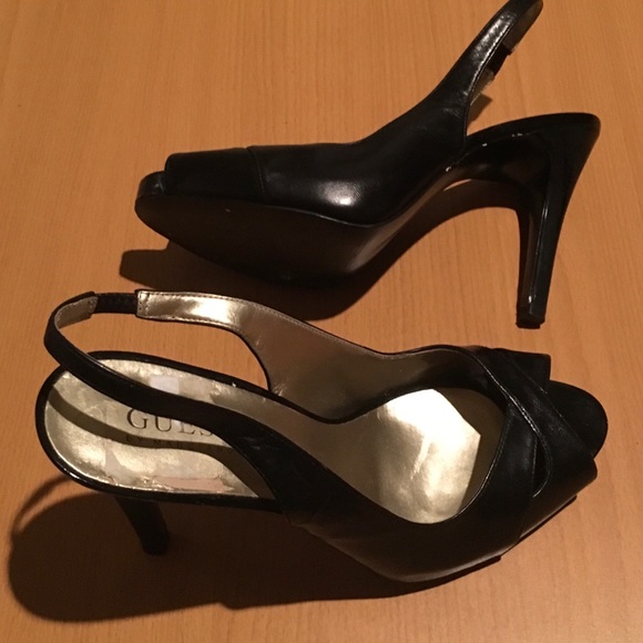 Black leather Guess sling back heel, Sz 6 1/2