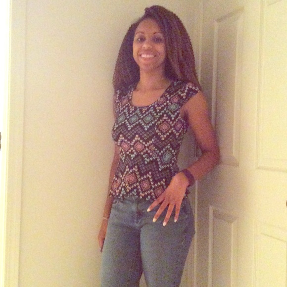 Bongo medium peplum top pink, black and blue.