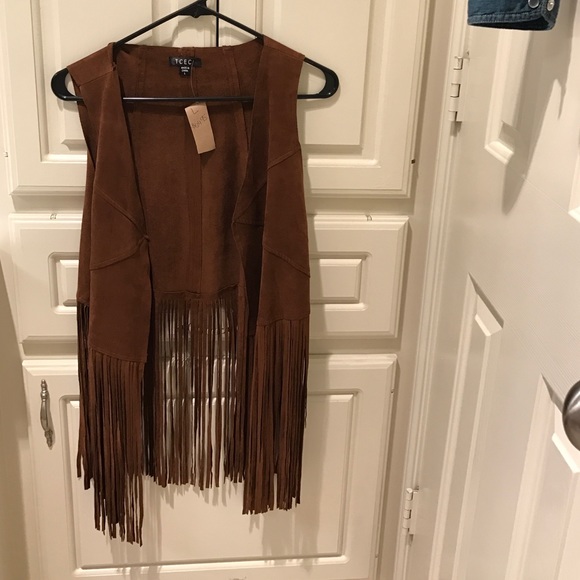 Brown fringe suede vest.