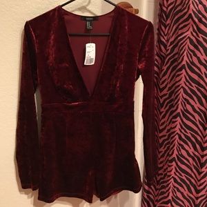 burgundy velvet-like jumpsuit