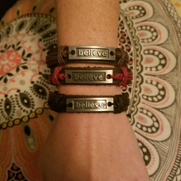 Handmade leather BELIEVE bracelets - Picture 3 of 4