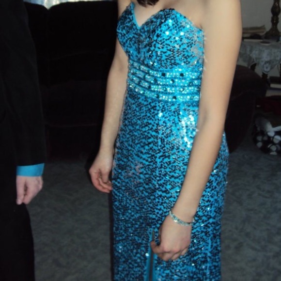 Aqua Blue Sequin Prom Dress - Picture 2 of 6