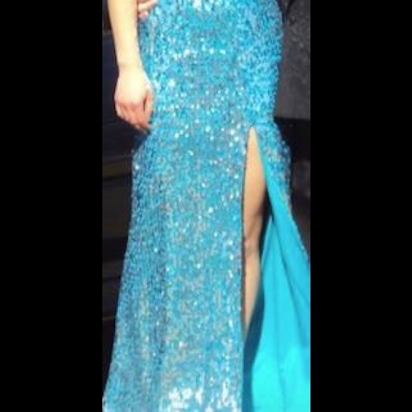 Aqua Blue Sequin Prom Dress - Picture 3 of 6