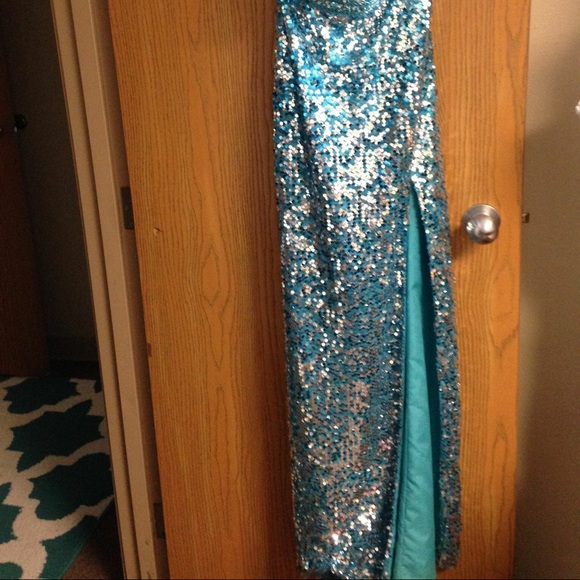 Aqua Blue Sequin Prom Dress - Picture 4 of 6