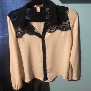 Tan and black lace blouse