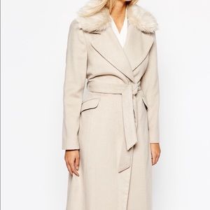 Oasis nude coat with removable fur collar
