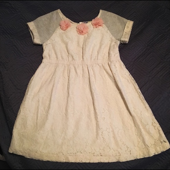 Lace dress with pink flowers and gray sleeves