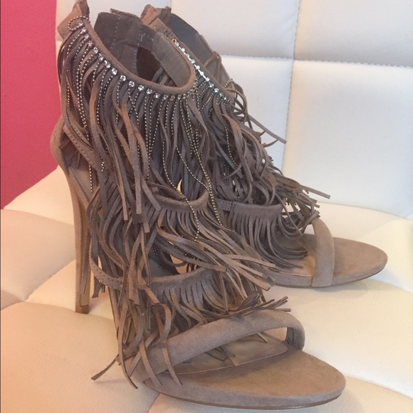 Betsyville strapy suede rhinestone fringed heels