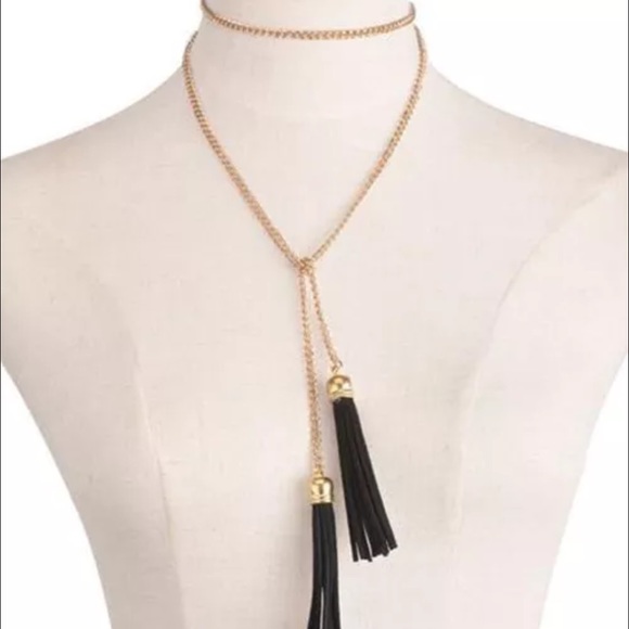 Gold Tone & Black Tassel Rope Choker Necklace - Picture 2 of 2