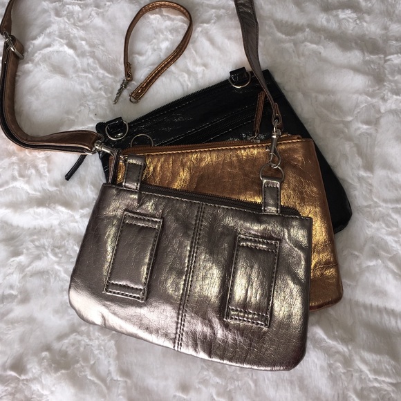 Convertible cross body/clutch metallic bags