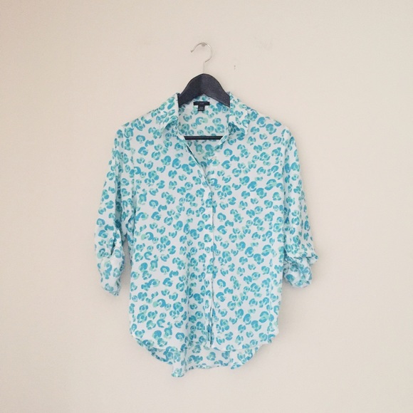 Ann Taylor Tops - Ann Taylor Blue + White Leopard Print Button Up
