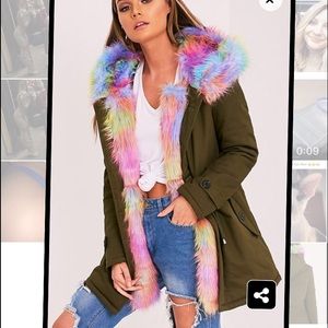 Multi colored faux fur army green coat.