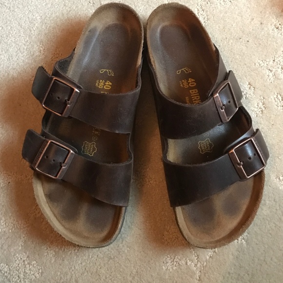 Brown and rose gold Birkenstocks