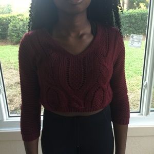 Cropped Burgundy Lace Up Back Sweater