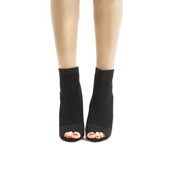 BLACK PEEP TOE SOCK ANKLE BOOTIES - Picture 2 of 7