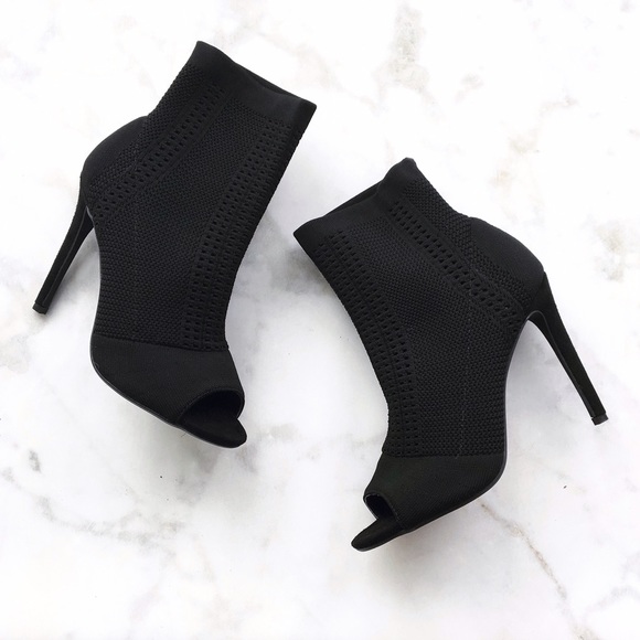 BLACK PEEP TOE SOCK ANKLE BOOTIES - Picture 3 of 7