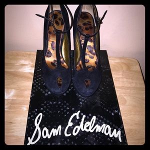 Sam Edelman Black Suede T-Strap Pumps