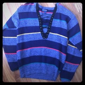 striped lace up sweater